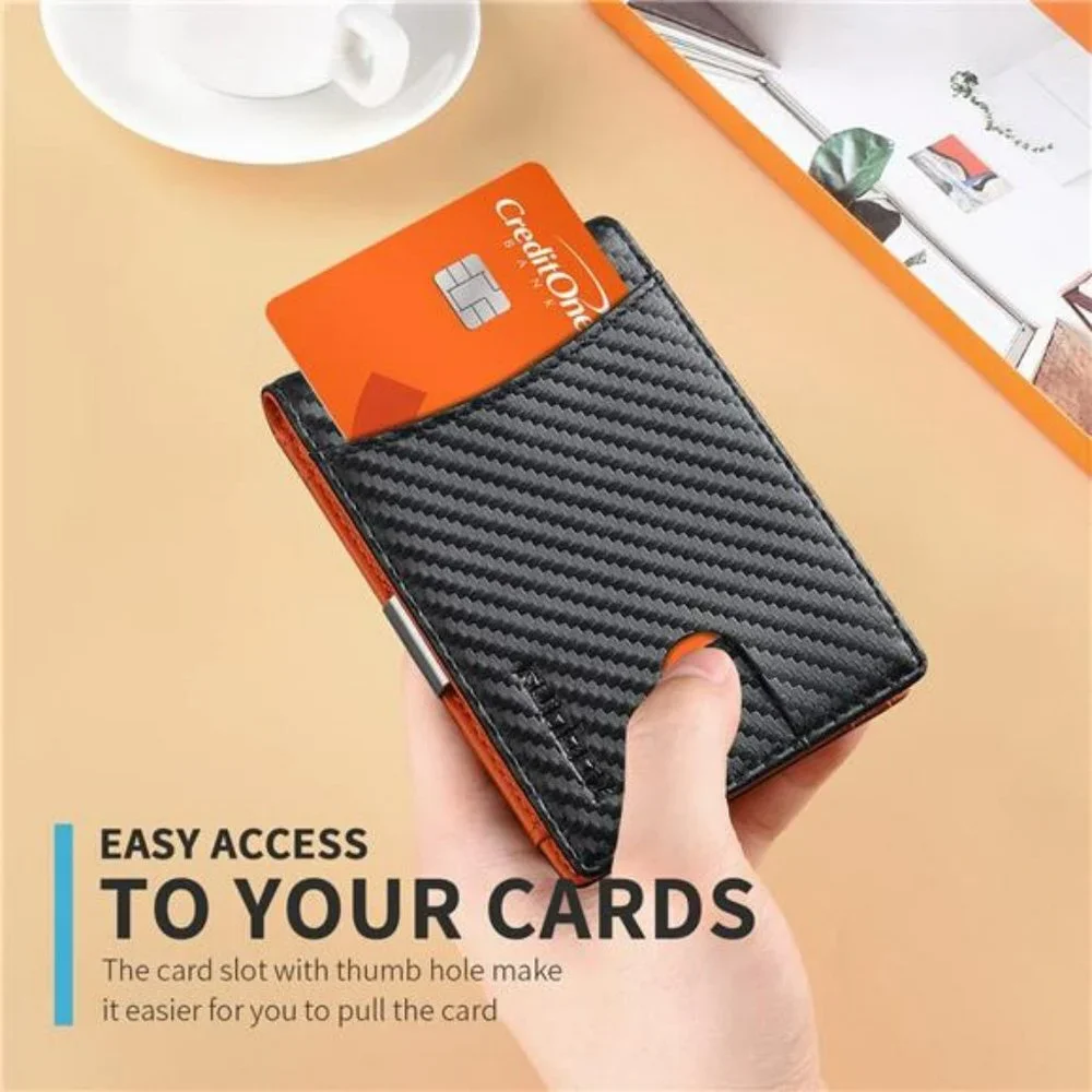 Slim Money Clip RFID Blocking Men Wallet Minimalist Leather Bifold, Black Orange